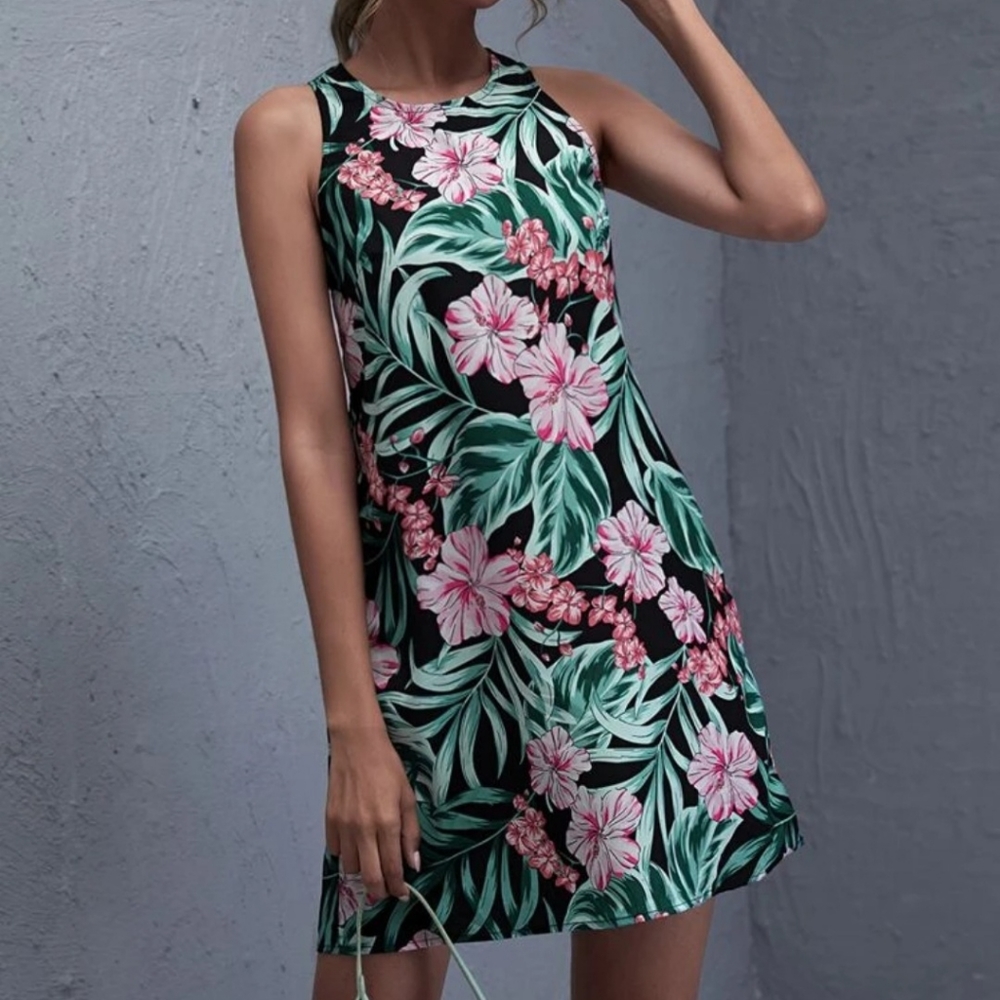 Sleeveless Tropical Print Dress